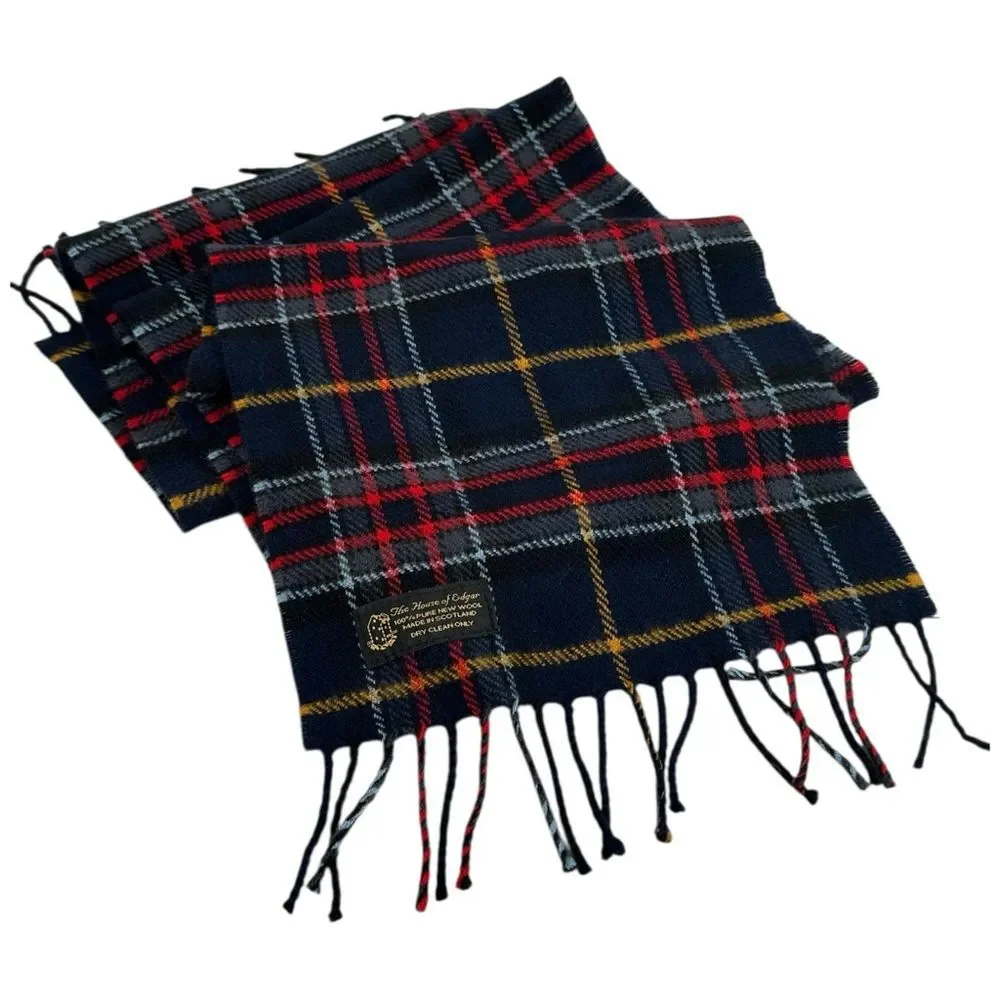 The House of Edgar Scottish Wool Navy Red Tartan Heritage Plaid Fringe Scarf New